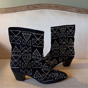 REBECCA MINKOFF Size 6 Black Studded Hessania Pointed Toe Heeled Leather Booties